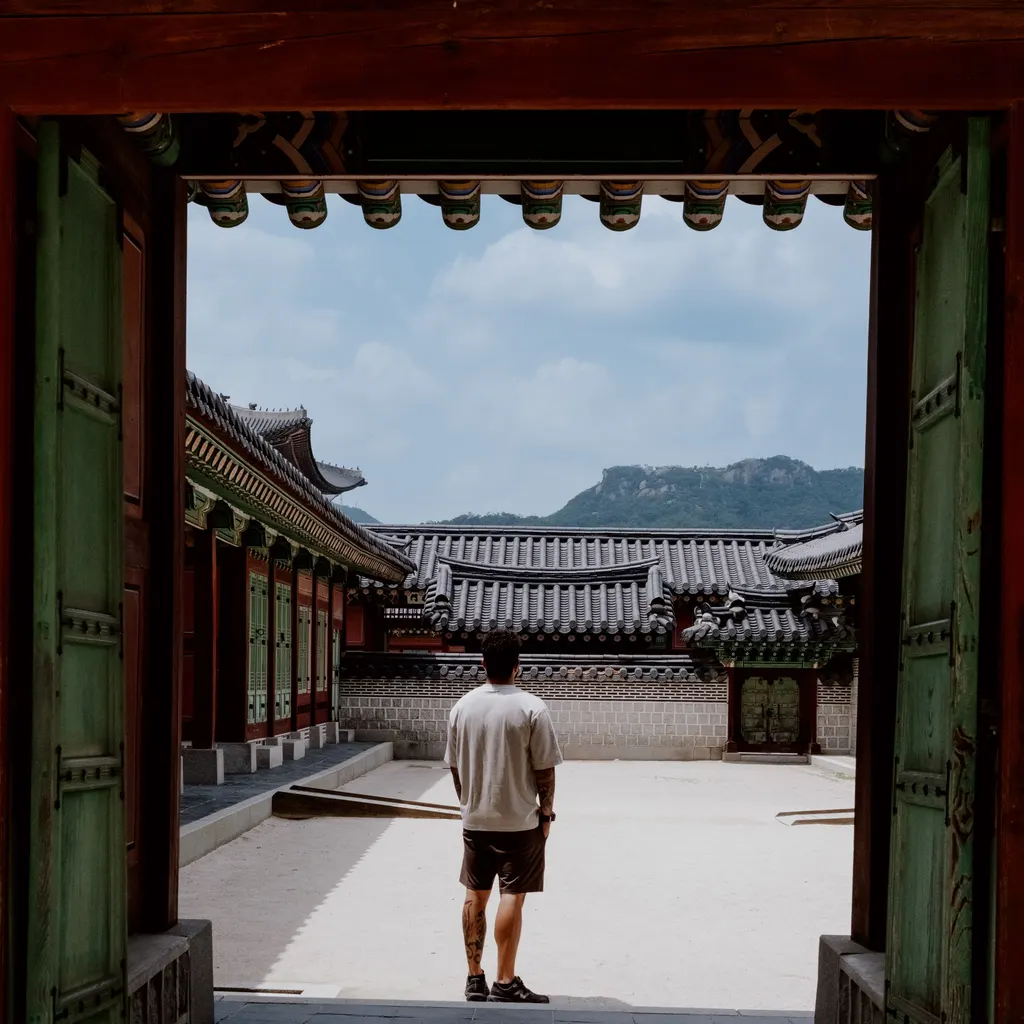 De costas num portão do Gyeongbokgung, com os telhados do palácio e os morros de Seul emoldurados à frente