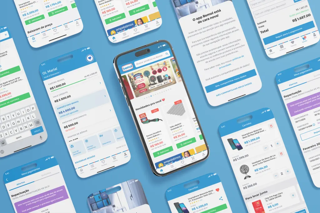 App Bemol depois do relançamento: home, navegação e telas de produto