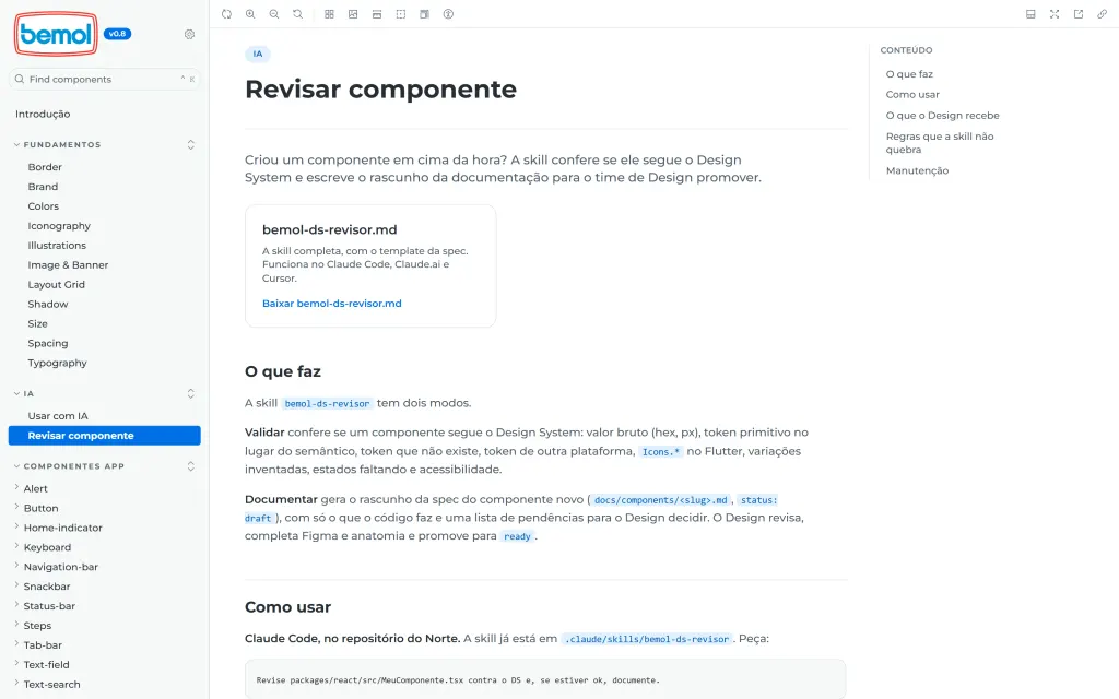 Página Revisar componente no Storybook: a skill bemol-ds-revisor para baixar e os dois modos, validar e documentar.