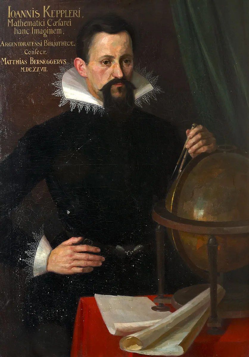 Retrato pintado de Johannes Kepler: um homem de cabelo escuro encaracolado, barba pontuda e gola branca de rufo, olhando para quem vê.
