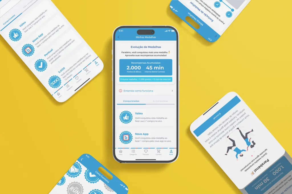 Tela do programa de medalhas no App Bemol: níveis e progresso